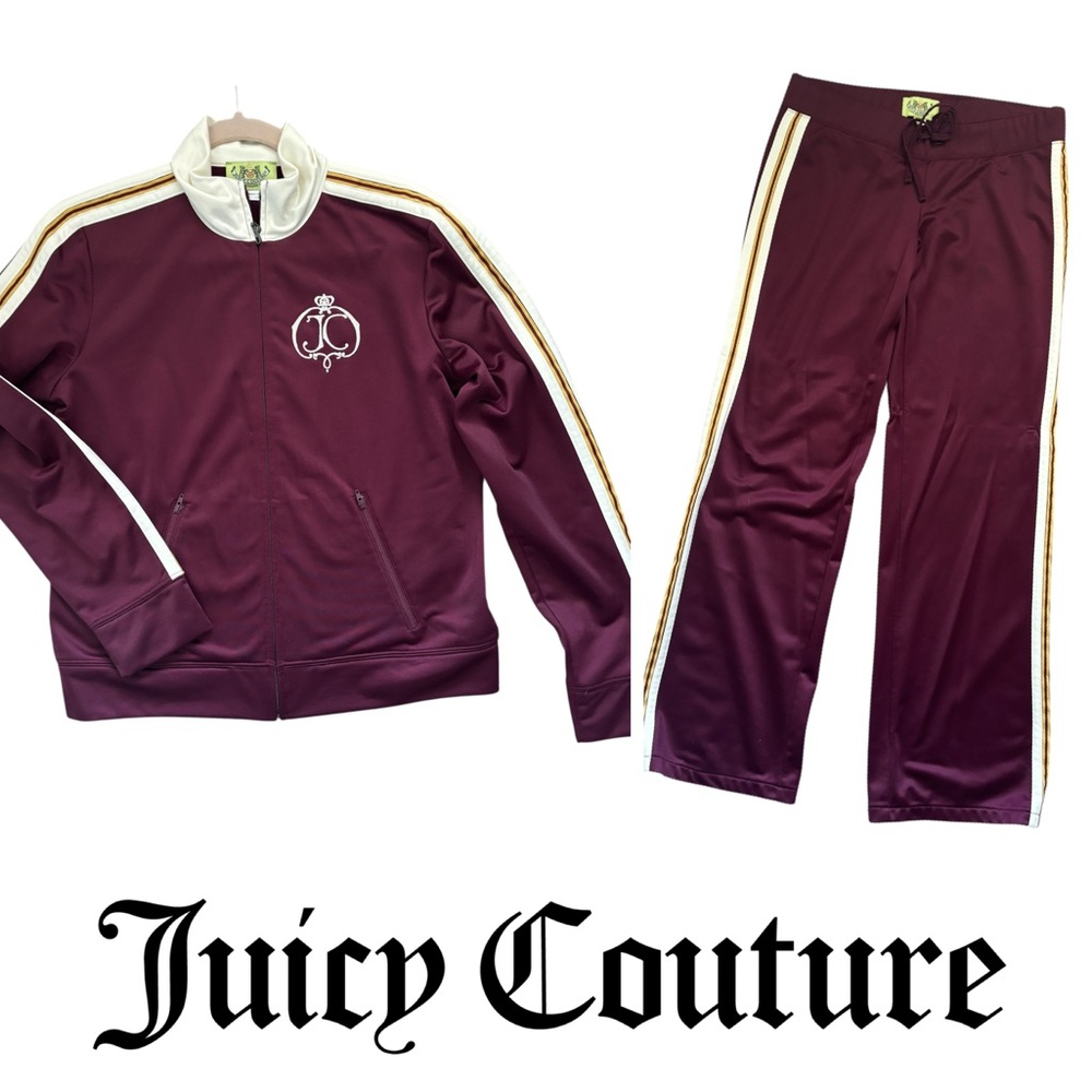 Juicy Couture Burgundy Polyester OG Y2K Tracksuit with Stripes Size L